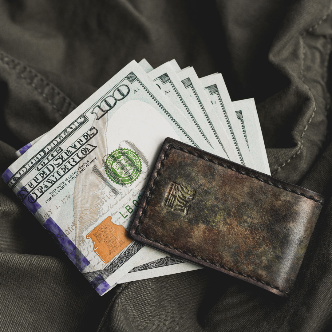 "CAMOUFLAGE" HAND-DYED COWHIDE LEATHER MONEY CLIP (matching color combo)