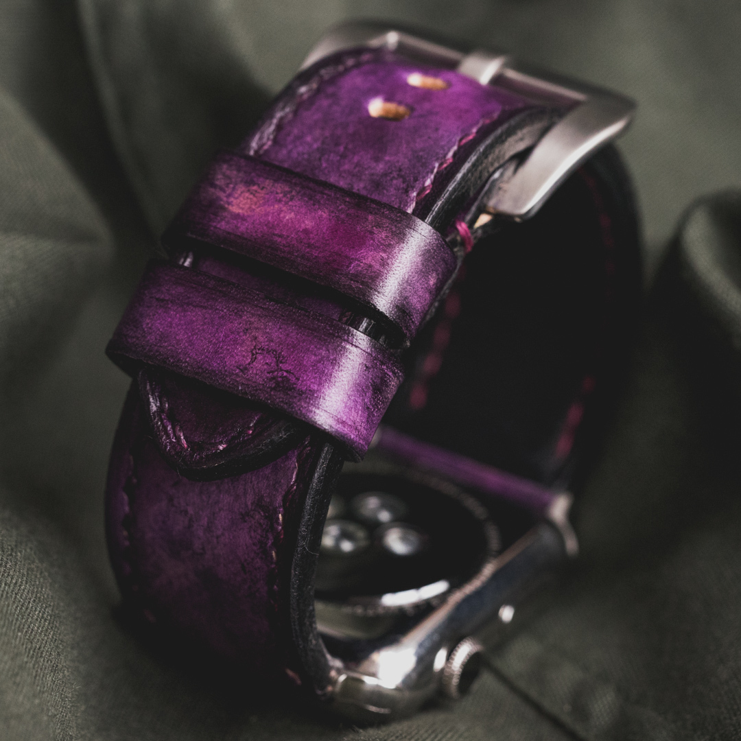 "CAMOUFLAGE" HAND-DYED COWHIDE LEATHER STRAP, MYSTIQUE PURPLE (for Apple Watch)