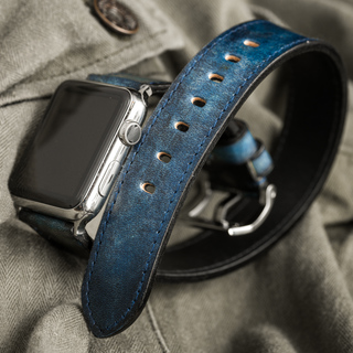 「手染迷彩」手工皮錶帶 丹寧藍（愛馬仕雙圈款，Apple Watch 適用)